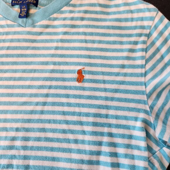 Polo Ralph Lauren‎ V-Neck T-Shirt Girls Large Striped Turquoise White Stripe EUC - Picture 4 of 9